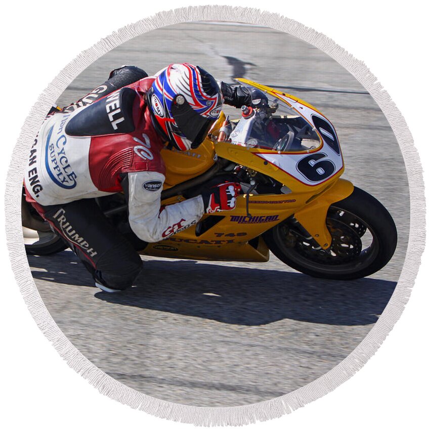 Motorsports Round Beach Towel featuring the photograph Leaning Into Speed by Shoal Hollingsworth