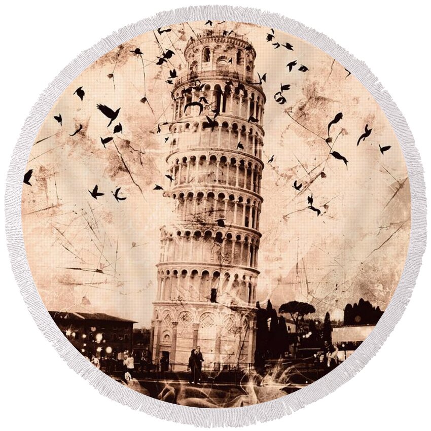 Leaning Tower Of Pisa Round Beach Towel featuring the digital art Leaning Tower of Pisa Sepia by Marina McLain
