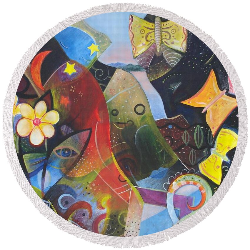 Learning To See By Helena Tiainen Round Beach Towel featuring the painting Learning to See by Helena Tiainen