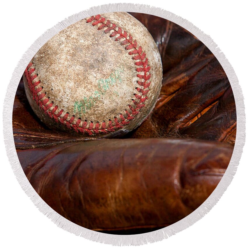 Sports Round Beach Towel featuring the photograph Leather Glove and Baseball by Art Block Collections