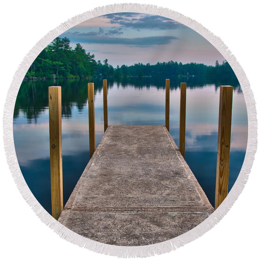 Moultonborough Round Beach Towel featuring the photograph Lees Mills Dock by Brenda Jacobs