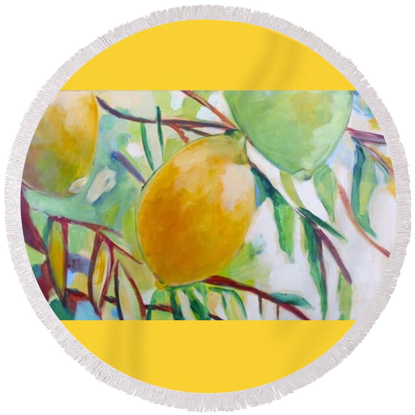 Lemon Round Beach Towel featuring the painting Lemons and Lime by Shelley Overton
