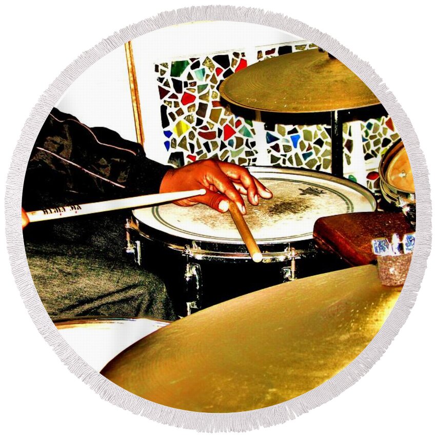 Drummer Round Beach Towel featuring the photograph Leo on Drums in Asheville by Cleaster Cotton