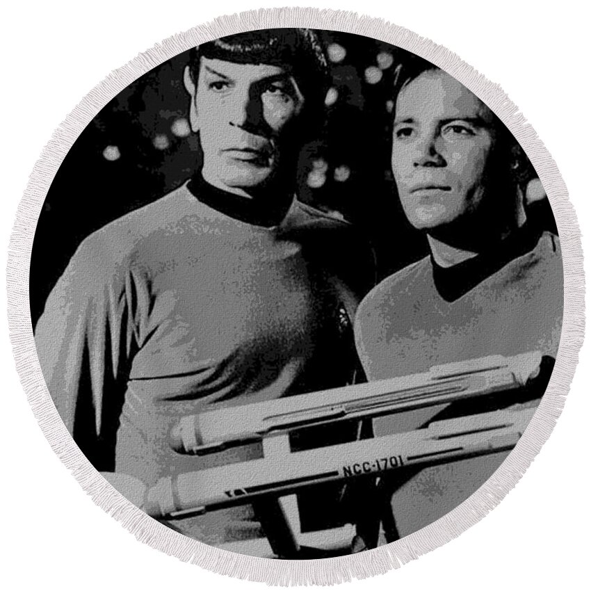 Leonard Round Beach Towel featuring the photograph Leonard Nimoy William Shatner Star Trek 1968 by Vintage Collectables