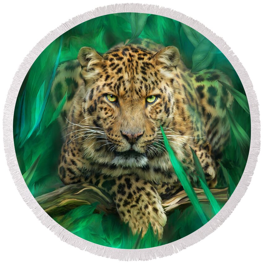 Leopard Round Beach Towel featuring the mixed media Leopard - Spirit Of Empowerment by Carol Cavalaris