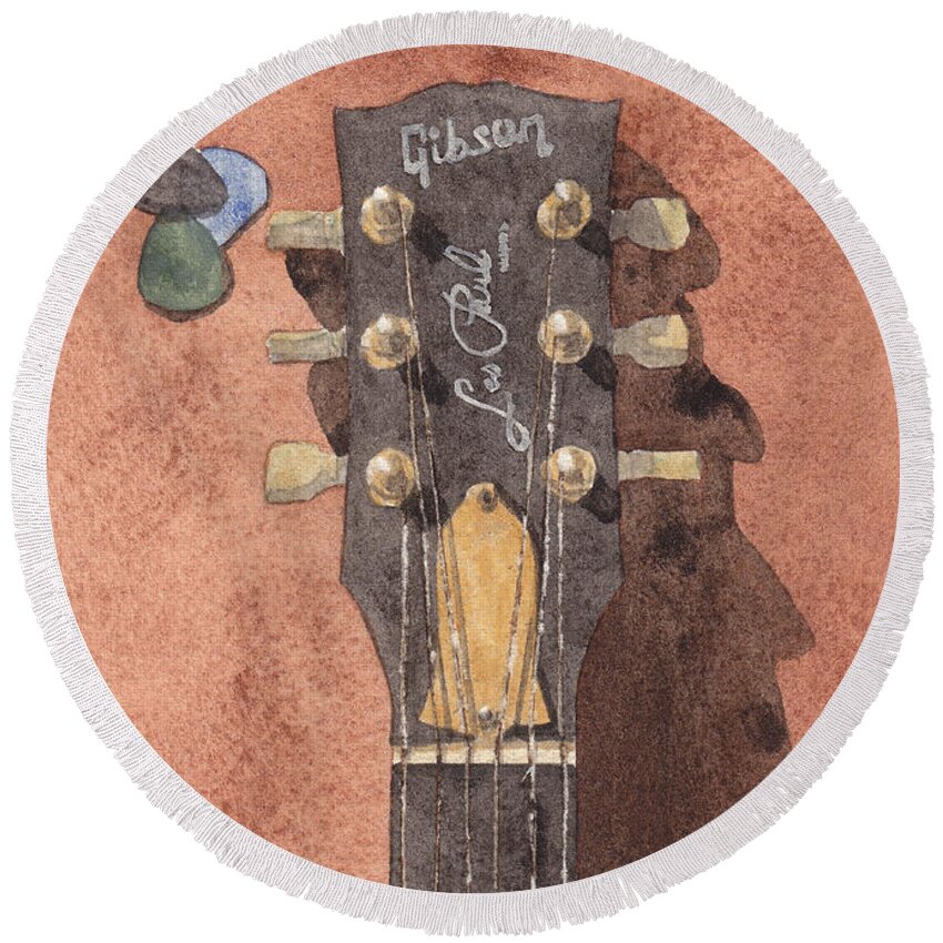 Gibson Round Beach Towel featuring the painting Les Paul by Ken Powers