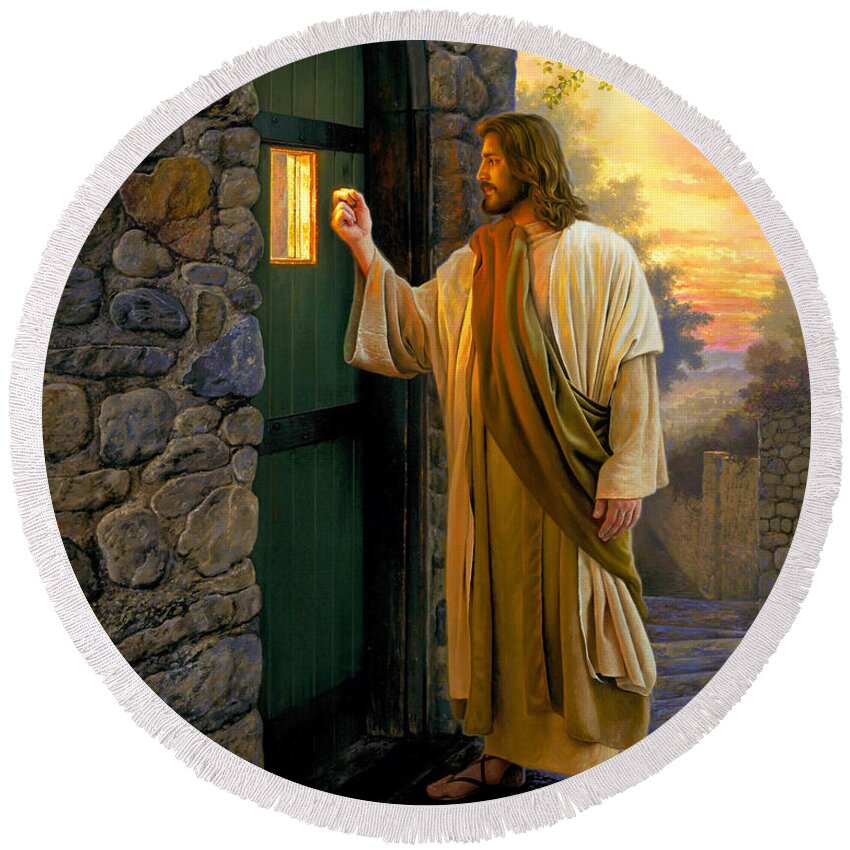 #faaAdWordsBest Round Beach Towel featuring the painting Let Him In by Greg Olsen