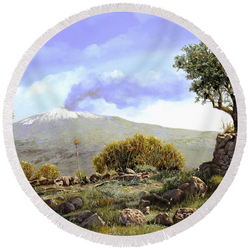 Volcano Round Beach Towel featuring the painting l'Etna by Guido Borelli
