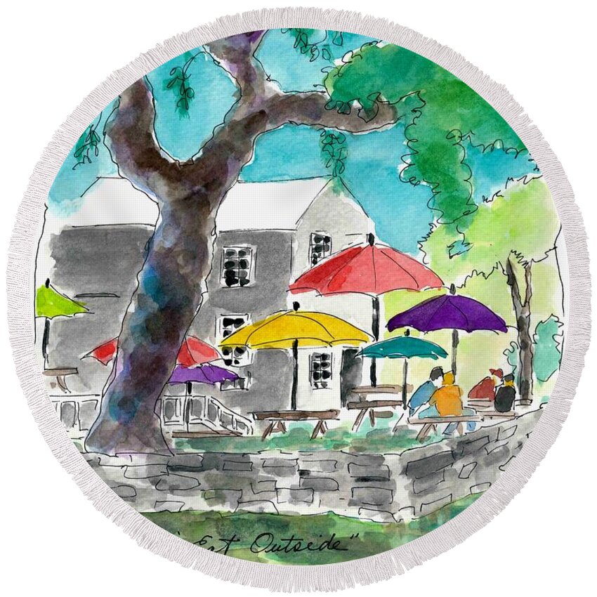 Outdoors Round Beach Towel featuring the painting Let's Eat Outside by Adele Bower