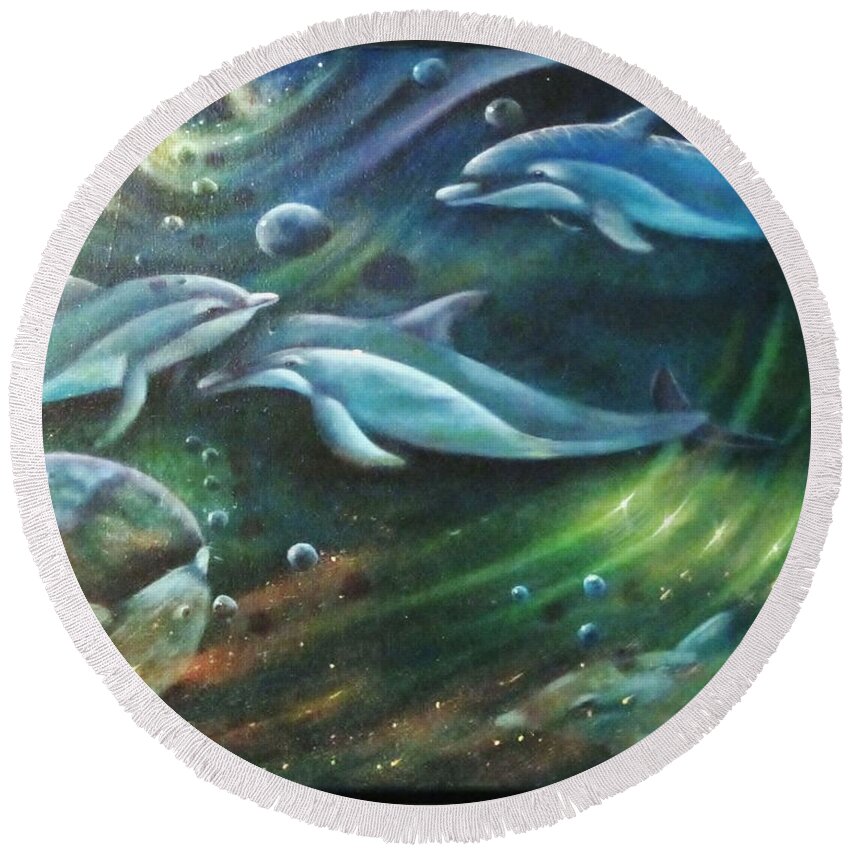 Dolphins Round Beach Towel featuring the painting Let's Play by Sherry Strong