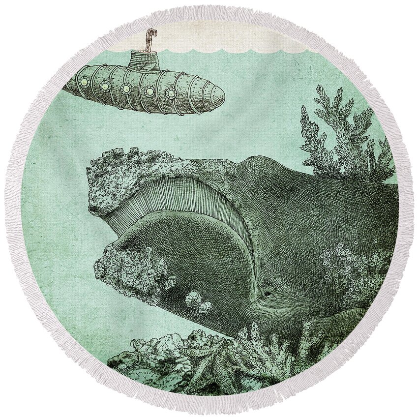 Submarine Round Beach Towel featuring the drawing Leviathan by Eric Fan