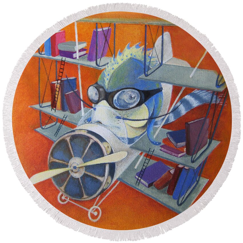 Fish Round Beach Towel featuring the painting Librarian Pilot by Marina Gnetetsky