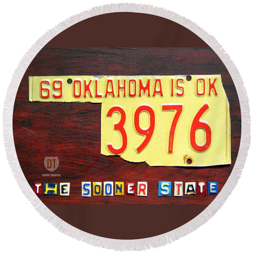 License Plate Map Round Beach Towel featuring the mixed media License Plate Map of Oklahoma by Design Turnpike by Design Turnpike