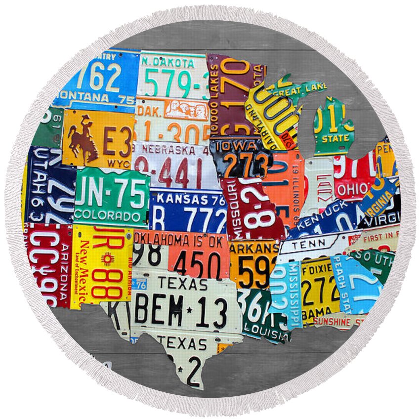License Plate Map Round Beach Towel featuring the mixed media License Plate Map of The United States on Gray Wood Boards by Design Turnpike