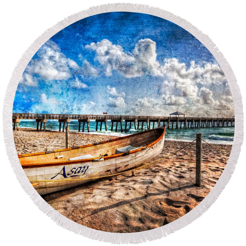 Boats Round Beach Towel featuring the photograph Lifeguard Boat by Debra and Dave Vanderlaan