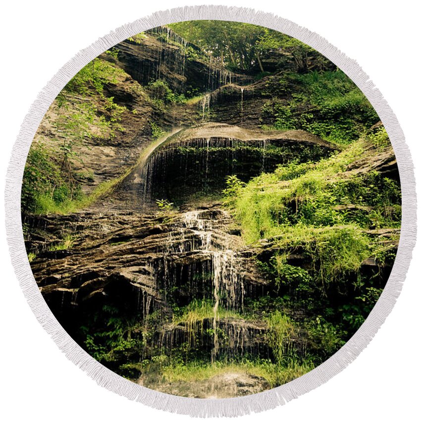 Catherdal Falls Round Beach Towel featuring the photograph light flow at Cathedral Falls by Shane Holsclaw