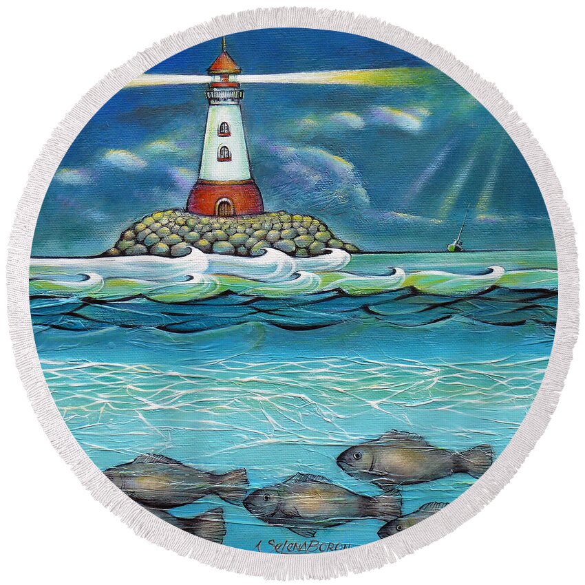 Lighthouse Round Beach Towel featuring the painting Lighthouse Fish 030414 #2 by Selena Boron