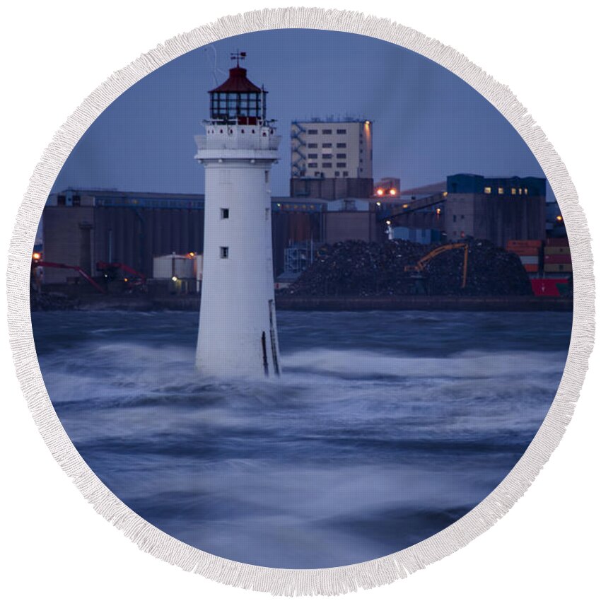 Lighthouse Round Beach Towel featuring the photograph Lighthouse in the Storm by Spikey Mouse Photography