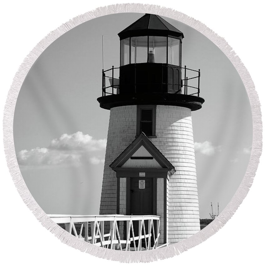 Lighthouse Round Beach Towel featuring the photograph Lighthouse on Nantucket BW by Lori Tambakis