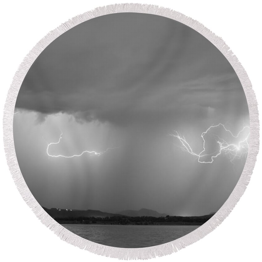 Lightning Round Beach Towel featuring the photograph Lightning and Rain Over Rocky Mountain Foothills BW by James BO Insogna