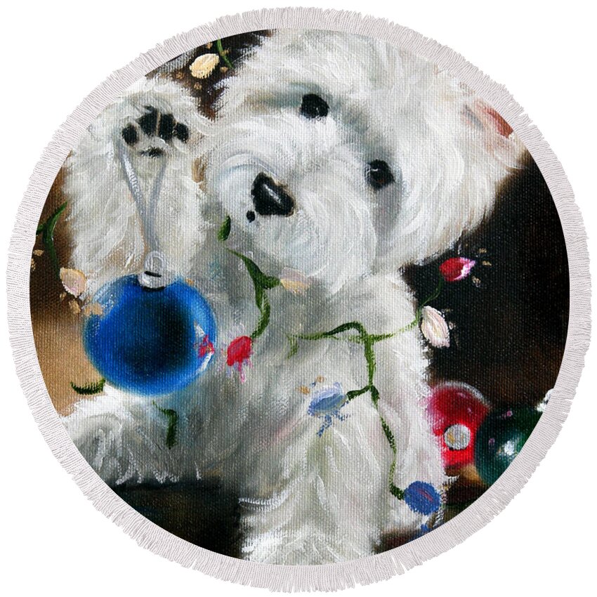 Westie Round Beach Towel featuring the painting Lights and Balls by Mary Sparrow