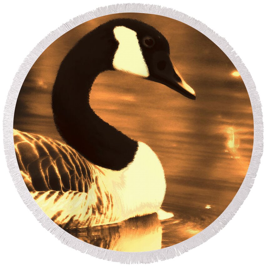 Canadian Goose Round Beach Towel featuring the photograph Lila Goose the Pond Queen Sepia by Lesa Fine