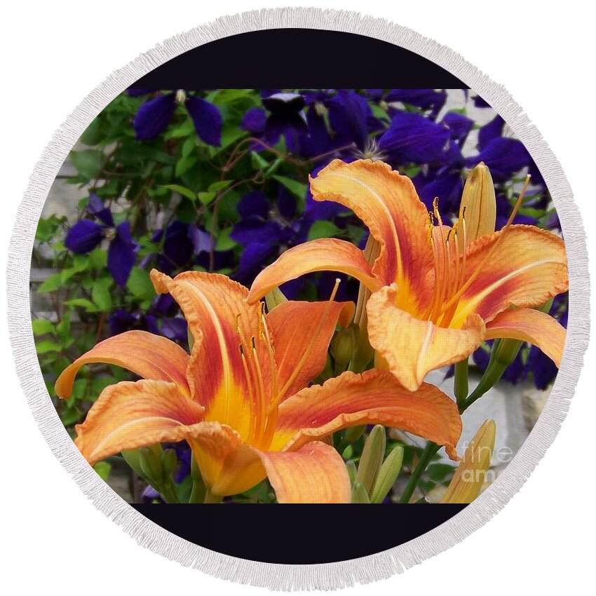 Lilies Round Beach Towel featuring the photograph Lilies and Clematis by Jackie Mueller-Jones