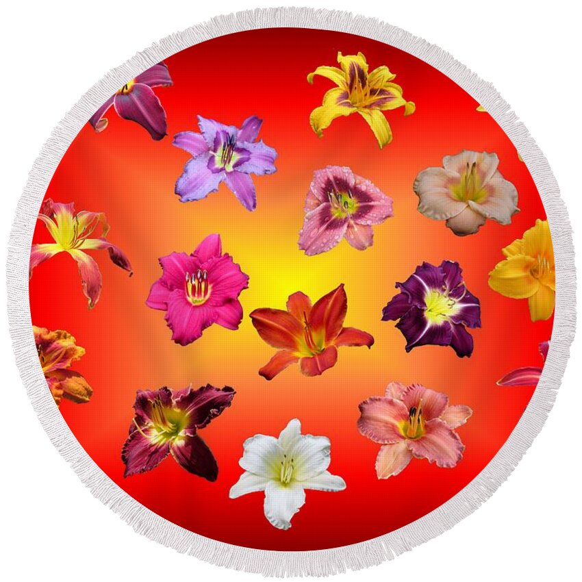 Daylily Round Beach Towel featuring the photograph Lilies Floating on Warmth by MTBobbins Photography