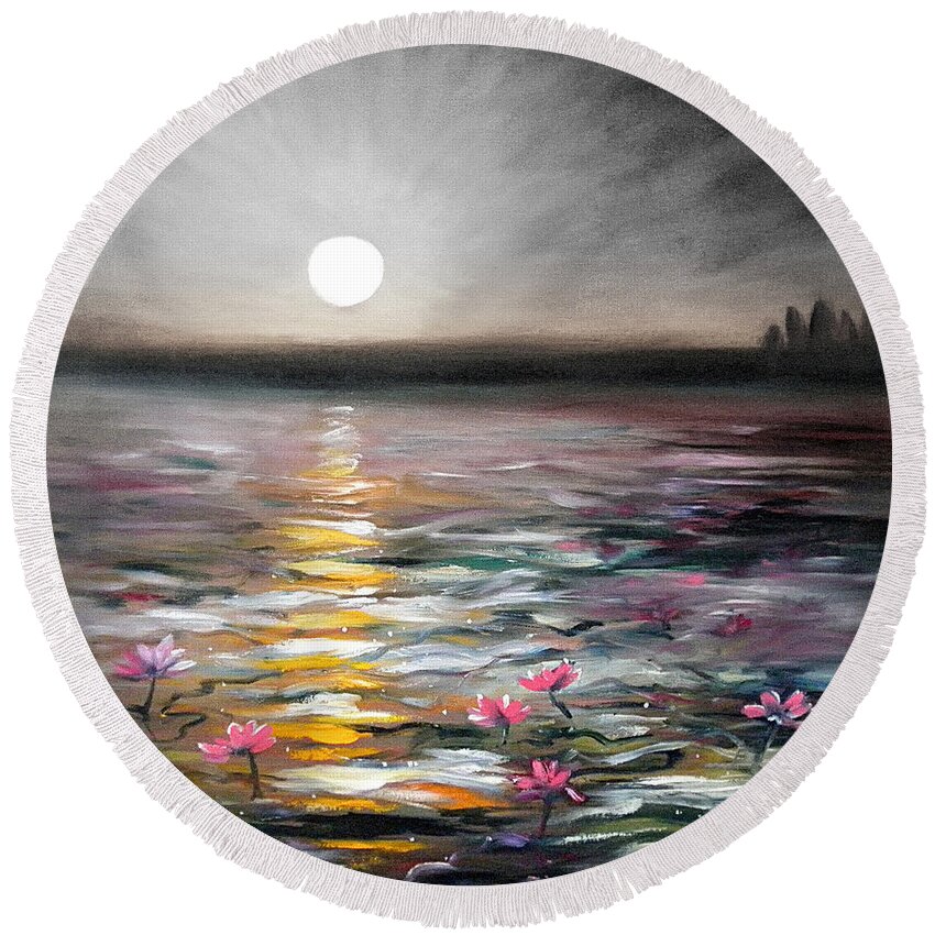 Sunset Round Beach Towel featuring the painting Lily Sunset 2 by Gina De Gorna