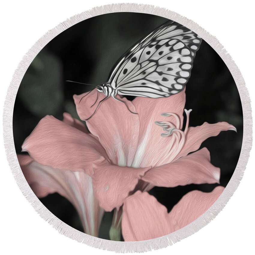 Lily Round Beach Towel featuring the photograph Lily with Butterly by Tracy Winter