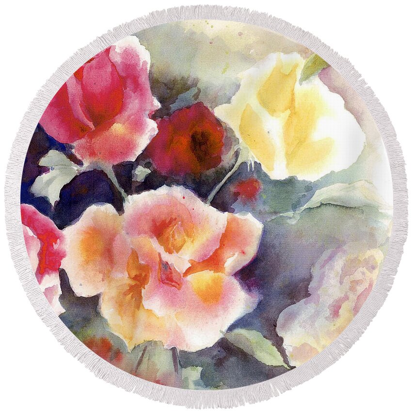 Roses Round Beach Towel featuring the painting Roses in the Garden by Maria Hunt