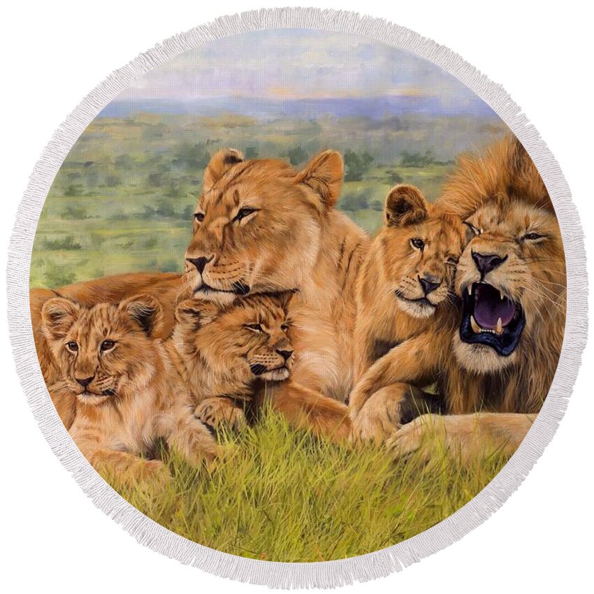 Lion Round Beach Towel featuring the painting Lion Family by David Stribbling