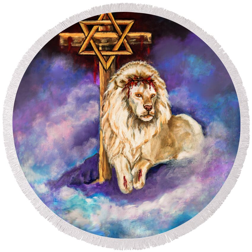 Africa Round Beach Towel featuring the painting Lion of Judah Original Painting ForSale by Nadine Johnston