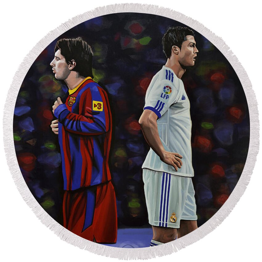 Lionel Messi Round Beach Towel featuring the painting Lionel Messi and Cristiano Ronaldo by Paul Meijering