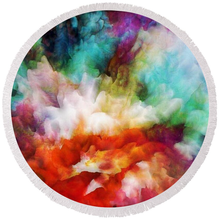 Abstract Round Beach Towel featuring the painting Liquid colors - original by Lilia S