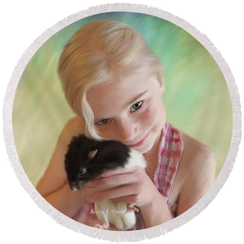 Girl Round Beach Towel featuring the painting Little Girl and Pet Rat by Angela Stanton