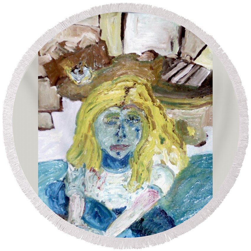 Girl Round Beach Towel featuring the painting Little Girl Drawing by Shea Holliman