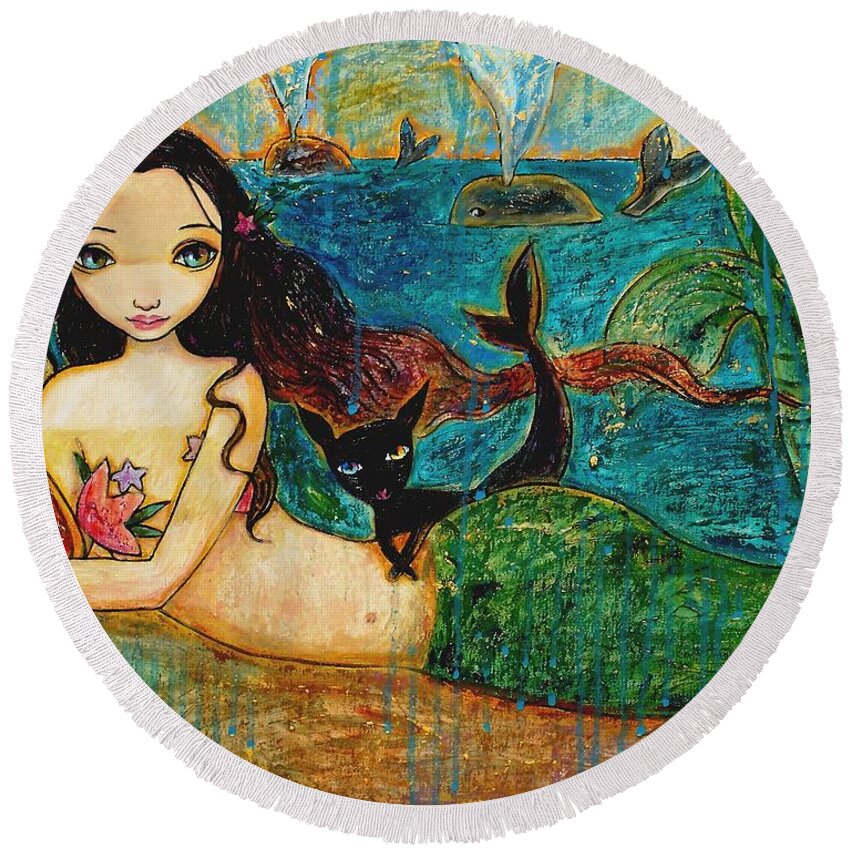 Mermaid Art Round Beach Towel featuring the painting Little Mermaid by Shijun Munns