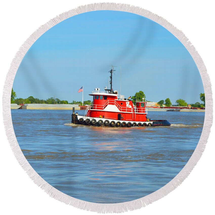 Boat Round Beach Towel featuring the photograph Little Red Boat on the Mighty Mississippi by Alys Caviness-Gober