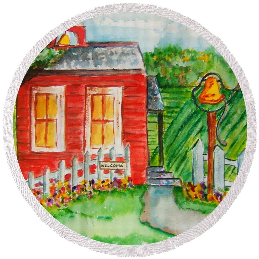 School Round Beach Towel featuring the painting Little Red Schoolhouse by Elaine Duras