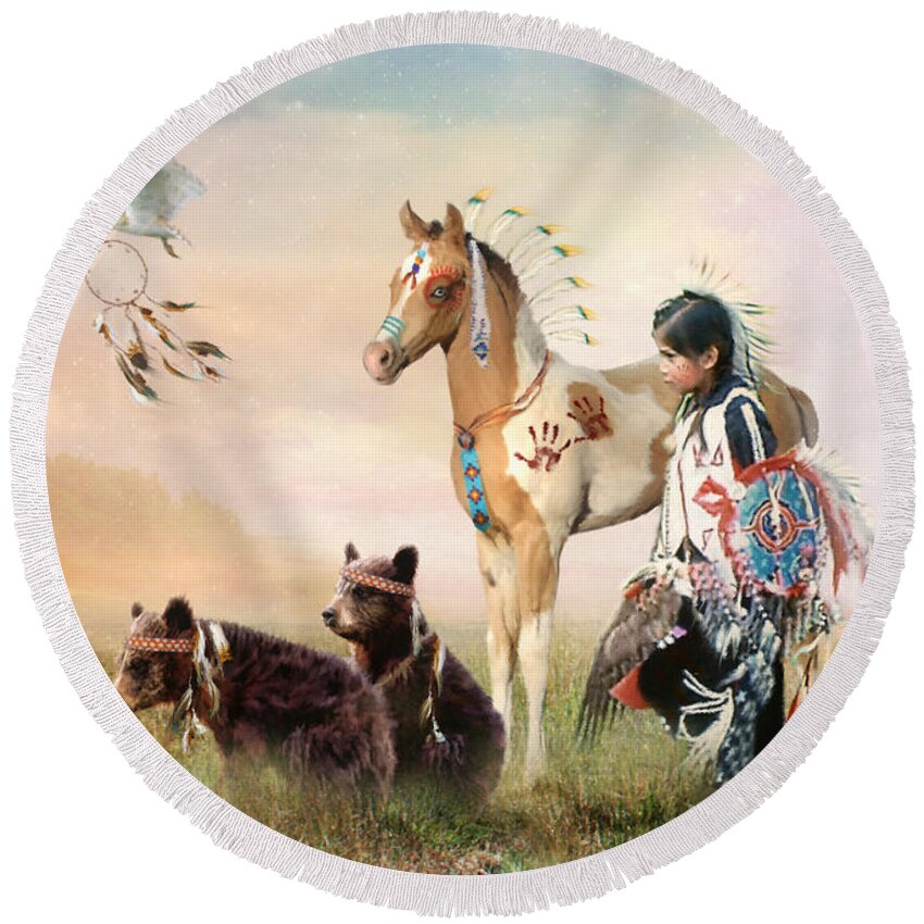 Pony Round Beach Towel featuring the digital art Little Warriors by Trudi Simmonds