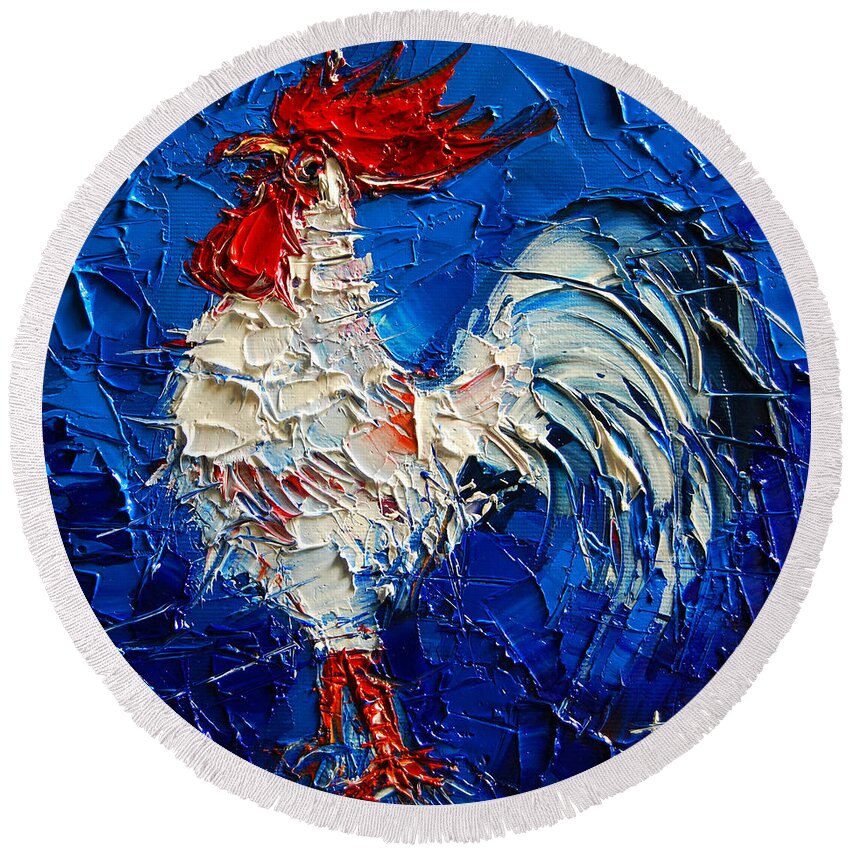 Little White Rooster Round Beach Towel featuring the painting Little White Rooster by Mona Edulesco