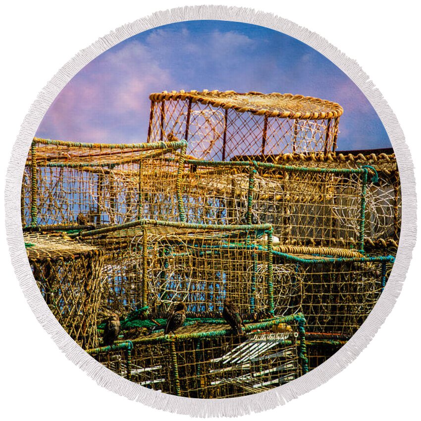 Eastbourne Round Beach Towel featuring the photograph Lobster Baskets and Starlings by Chris Lord