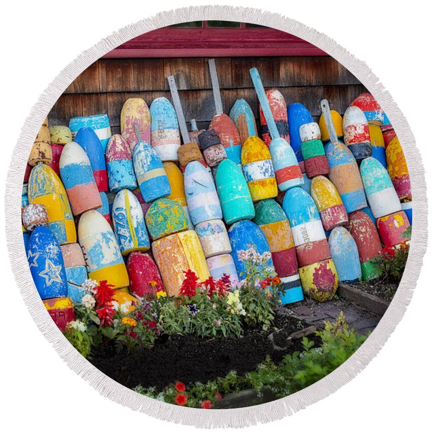 Bouy Round Beach Towel featuring the photograph Lobster Fishing Buoys by Susan Candelario