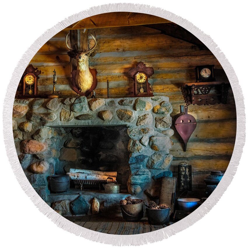 Log Cabin With Fireplace Round Beach Towel featuring the photograph Log Cabin with Fireplace by Paul Freidlund