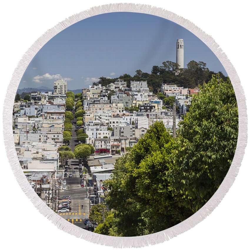 3scape Round Beach Towel featuring the photograph Lombard Street and Coit Tower on Telegraph Hill by Adam Romanowicz