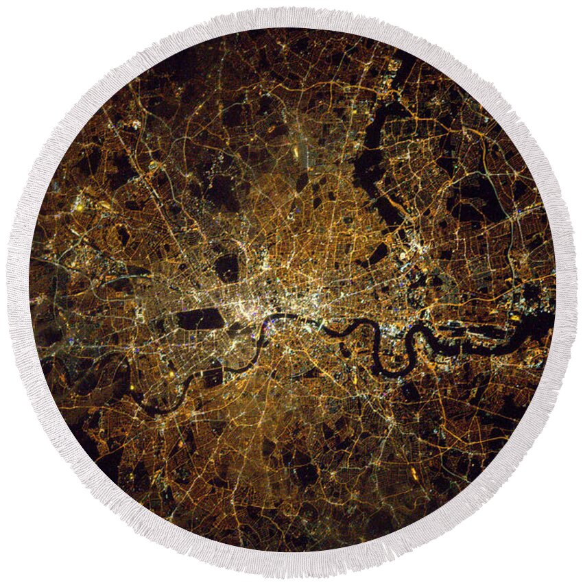 Satellite Image Round Beach Towel featuring the photograph London At Night, Satellite Image by Science Source