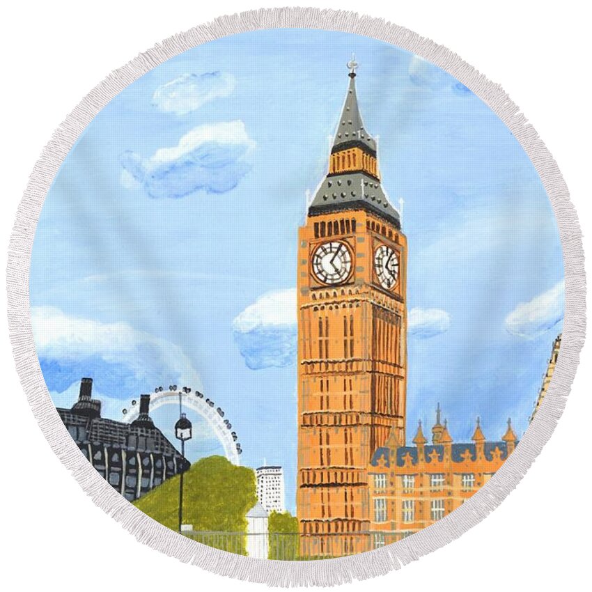 Big Ben Round Beach Towel featuring the painting London England Big Ben by Magdalena Frohnsdorff