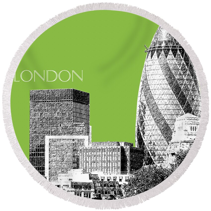 Architecture Round Beach Towel featuring the digital art London Skyline The Gherkin Building - Olive by DB Artist