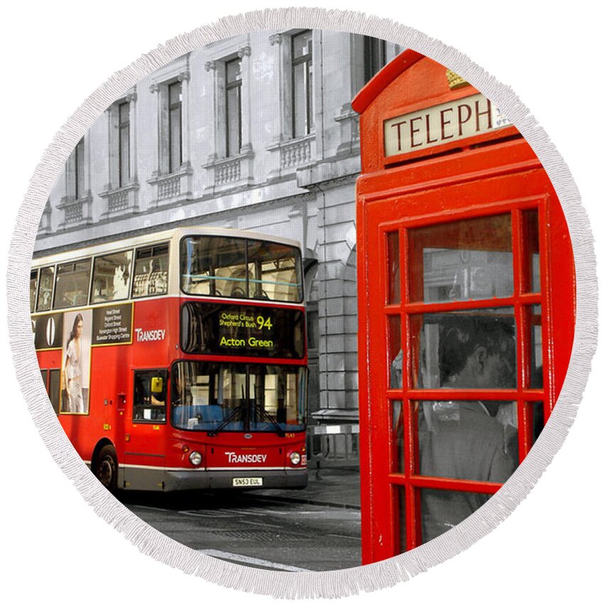Red Round Beach Towel featuring the photograph London With A Touch Of Colour by Nina Ficur Feenan